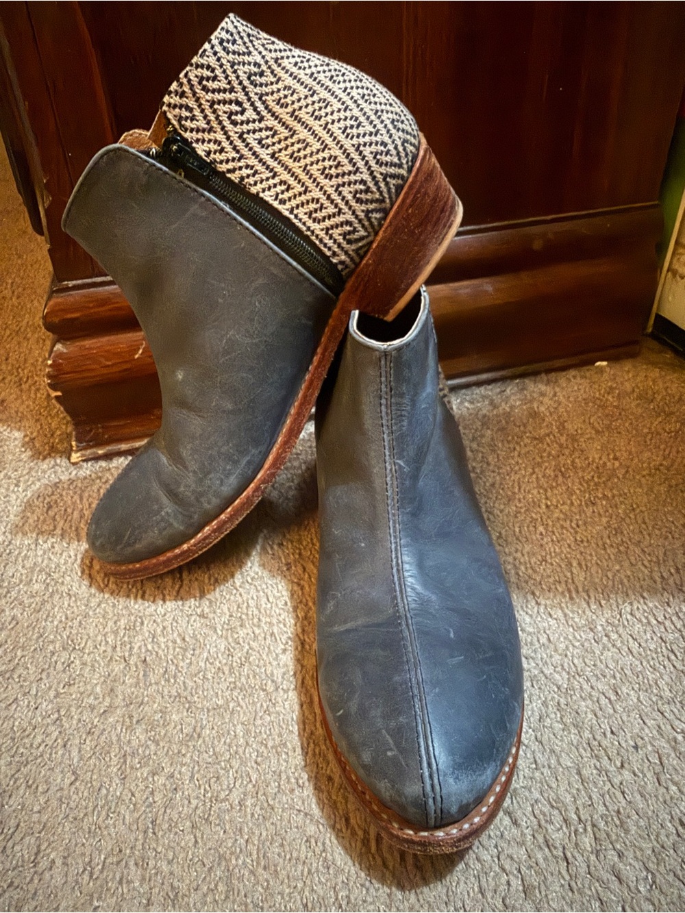 Women’s Gray Leather Ankle Booties with Patterned Heel